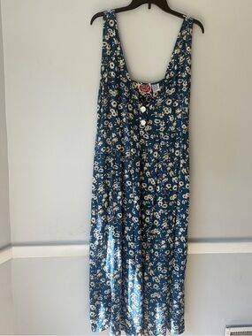 Blue Floral Midi Dress with White Print